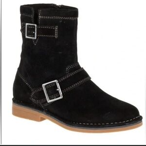 Hush Puppies Womens Black Suede Ankle Boots Size 7W Moto Buckle Zip Casual